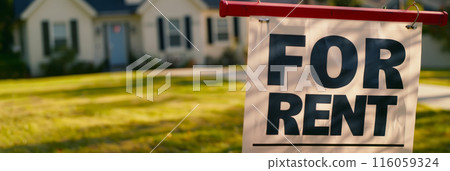 FOR RENT sign on the background of a house for rent, free housing for rent, banner 116059324
