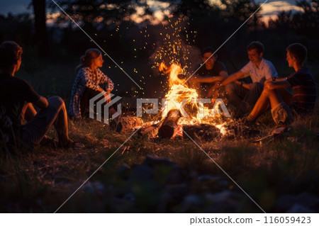 A group of happy people are sharing smiles around a campfire, enjoying the leisure of travel. The sky is clear, adding to the fun atmosphere of this recreation event in the beautiful landscape A group of happy people are sharing smiles around a campfire, enjoying the leisure of travel. The sky is clear, adding to the fun atmosphere of this recreation event in the beautiful landscape 116059423
