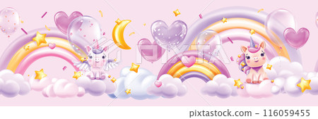 3D clouds rainbow seamless border, vector magic kids pink background, cute cartoon unicorn, stars.  116059455
