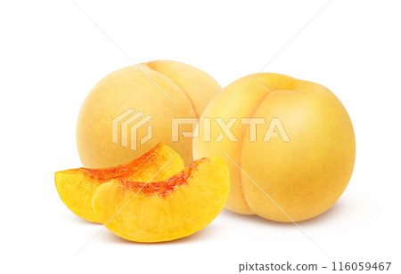 Golden peach illustration realistic set white background Golden peach illustration realistic set white background 116059467