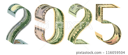 The inscription 2025 made of 100, 50, 20, 10 dollar banknotes 3D rendering The inscription 2025 made of 100, 50, 20, 10 dollar banknotes 3D rendering 116059504