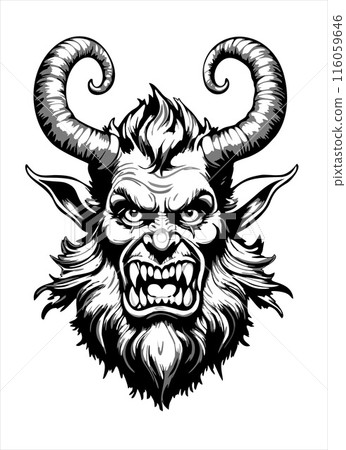 Krampus. Christmas character, antipode of Santa Claus. Folklore horned devil. Vector black and white isolated illustration 116059646