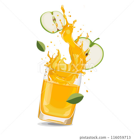 Splashes of yellow apple juice with slices. Vector clipart with summer drink isolated for design 116059713