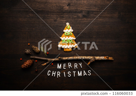 Gingerbread Christmas tree top view flat lay 116060033