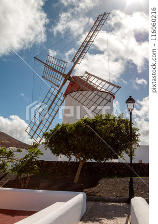 Traditional windmill in a park, Teguise, Lanzarote, Spain 116060216