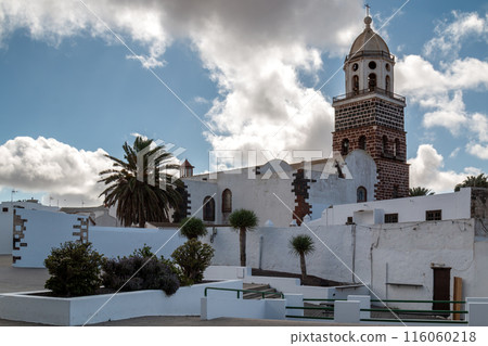 City and a church tower, Teguise, Lanzarote, Spain 116060218