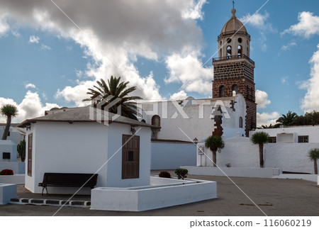 City and a church tower, Teguise, Lanzarote, Spain 116060219