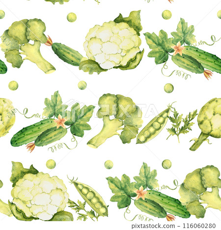 Green Vegetables Watercolor Seamless Pattern with Peas, Broccoli, Cauliflower and Cucumbers, Parsley plant and Artichoke on a white background. Can be used for kitchen textile prints, product 116060280