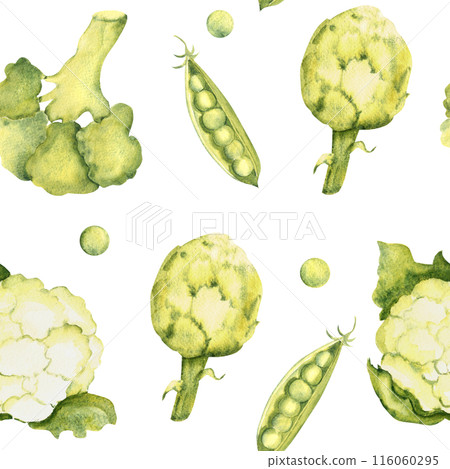 Green Vegetables Watercolor Seamless Pattern with Artichoke and Peas, Broccoli and Cauliflower on a white background. Can be used for kitchen textile prints, product packaging design. Green Vegetables Watercolor Seamless Pattern with Artichoke and Peas, Broccoli and Cauliflower on a white background. Can be used for kitchen textile prints, product packaging design. 116060295