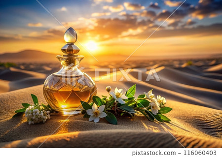 Perfume bottle in sunset desert dunes. Warm Jasmin oriental scent. 116060403