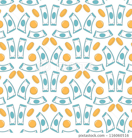 Money seamless pattern. Coins and notes forming a repeatable pattern. Vector outline background illustration. Money seamless pattern. Coins and notes forming a repeatable pattern. Vector outline background illustration. 116060516