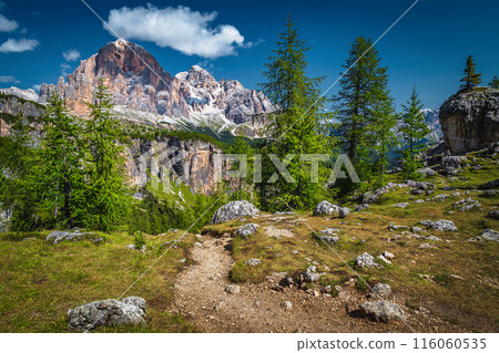 Hiking trail with amazing view in Dolomites, Italy 116060535
