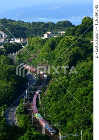 EF210牽引貨櫃列車以大海為背景呈S形曲線 116060542