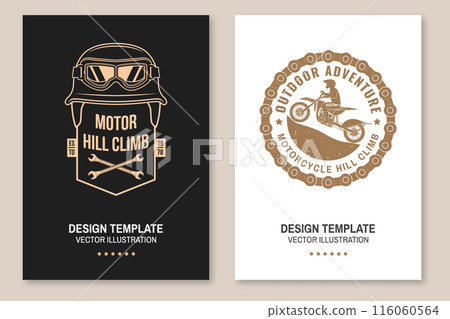 Motorcycle hill climb posters. Vector. Extreme sport template with motorcycle, wheel and wrenches. 116060564