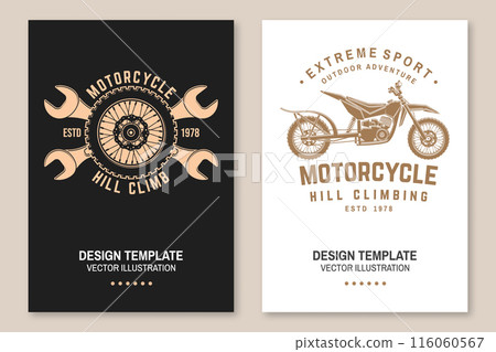 Motorcycle hill climb posters. Vector. Extreme sport template with motorcycle, wheel and wrenches. 116060567