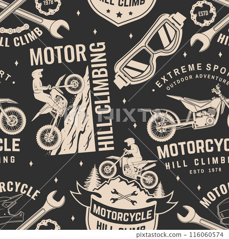 Motorcycle hill climb seamless pattern or background. Vector. Fabric, texture, wallpaper with motorcycle helmet, glasses, bike, mountain and wrenches. Motorcycle hill climb seamless pattern or background. Vector. Fabric, texture, wallpaper with motorcycle helmet, glasses, bike, mountain and wrenches. 116060574