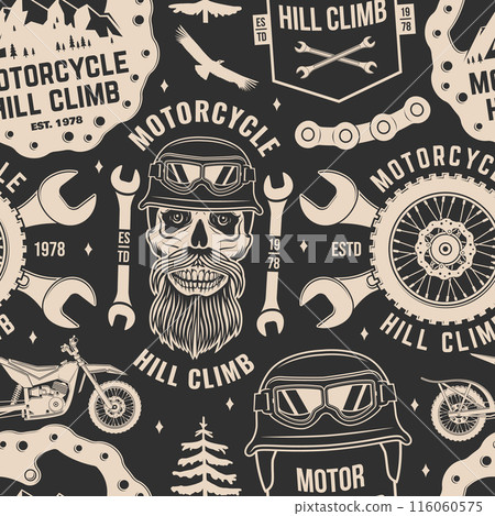 Motorcycle hill climb seamless pattern or background. Vector. Fabric, texture, wallpaper with motorcycle helmet, skull, glasses, bike, mountain and wrenches. 116060575
