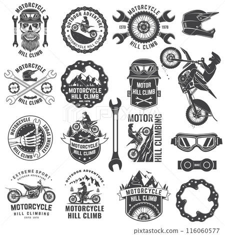 Set of motorcycle hill climb logos, badges, stickers. Vector. Extreme sport with motorcycle helmet, skull, glasses, bike, mountain and wrenches. Monochrome style 116060577