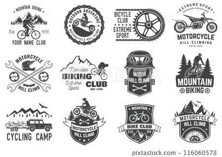 Set of Mountain biking and motorcycle hill climb collection. Vector. Concept for head badges, shirt, print, stamp or biking tourism. Vintage typography design with forest, mountain bike, motorcycle Set of Mountain biking and motorcycle hill climb collection. Vector. Concept for head badges, shirt, print, stamp or biking tourism. Vintage typography design with forest, mountain bike, motorcycle 116060578