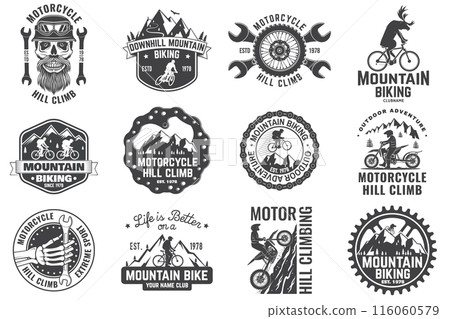 Set of Mountain biking and motorcycle hill climb collection. Vector. Concept for head badges, shirt, print, stamp or biking tourism. Vintage typography design with forest, mountain bike, motorcycle 116060579