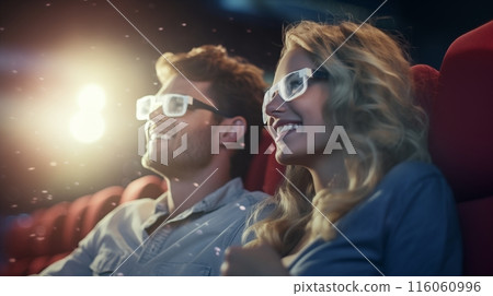 Couple enjoys a night out at the cinema sitting side by side in a dark theater immersed in the film with shared excitement. AI Generated 116060996