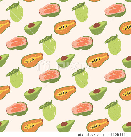 Tropical fruits seamless pattern. Papaya, guava avocado endless background. Vector hand drawn illustration. 116061161