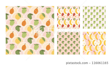 Tropical fruits seamless patterns collection. Y2k exotic endless background set. Banana, guava and papaya repeat covers. Vector flat hand drawn illustration. Tropical fruits seamless patterns collection. Y2k exotic endless background set. Banana, guava and papaya repeat covers. Vector flat hand drawn illustration. 116061165