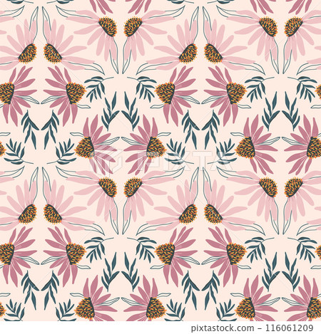 Seamless pattern with stylized pink and purple coneflowers and lush foliage. Purple echinacea flower and leaves ornament. Vector flat hand drawn illustration. Seamless pattern with stylized pink and purple coneflowers and lush foliage. Purple echinacea flower and leaves ornament. Vector flat hand drawn illustration. 116061209