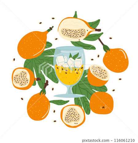 Sweet granadilla juice composition set. Tropical fruits fresh clipart. Yellow passion fruit collection. Vector illustration isolated on white background. Sweet granadilla juice composition set. Tropical fruits fresh clipart. Yellow passion fruit collection. Vector illustration isolated on white background. 116061210