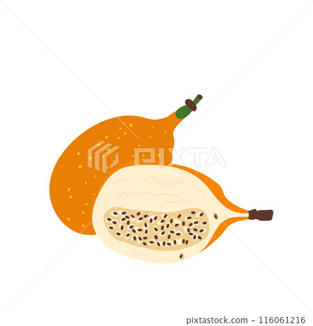 Sweet granadilla. Tropical half and whole fruit. Yellow passion fruit. Vector illustration isolated on white background. Sweet granadilla. Tropical half and whole fruit. Yellow passion fruit. Vector illustration isolated on white background. 116061216