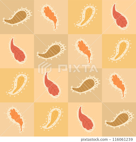 Autumn leaves checked seamless pattern. Fall forest paisley shapes repeat background. Vector hand drawn flat illustration. 116061239