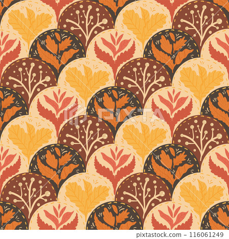 Autumn leaves and berries scallop seamless pattern. Fall forest repeat background. Vector hand drawn flat illustration. 116061249