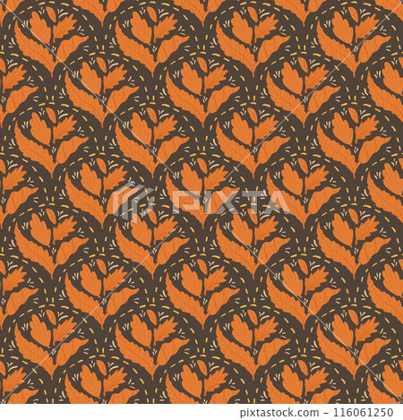 Autumn leaves scallop seamless pattern. Fall forest repeat dark background. Vector hand drawn flat illustration. 116061250
