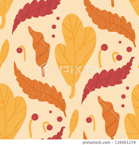 Autumn leaves seamless pattern. Fall forest repeat background. Sweater weather endless cover. Vector hand drawn flat illustration. 116061259