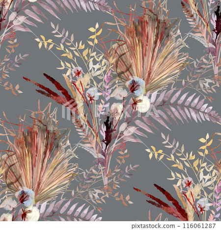 Seamless watercolor pattern with tropical branches of dry palm branches and fern leaves in boho style Seamless watercolor pattern with tropical branches of dry palm branches and fern leaves in boho style 116061287