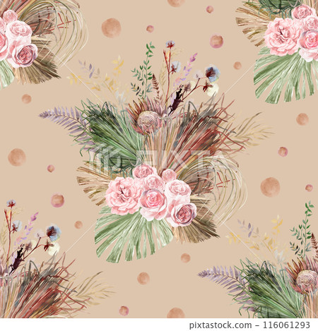 Watercolor vintage seamless pattern with a herbarium of white rose flowers and tropical palm leaves Watercolor vintage seamless pattern with a herbarium of white rose flowers and tropical palm leaves 116061293