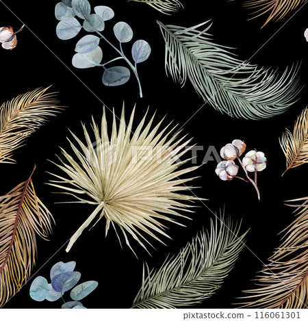 Summer watercolor seamless pattern with palm leaves and cotton twigs 116061301