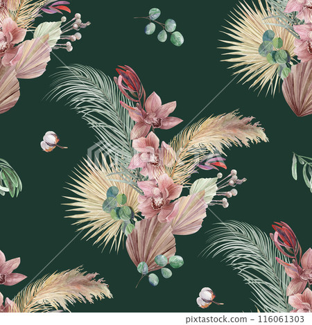 seamless pattern with orchid flowers and dry palm leaves on a green background 116061303