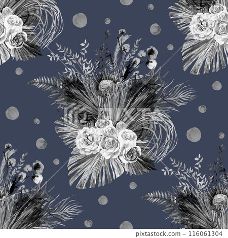 Watercolor vintage black and white seamless pattern with a herbarium of white rose flowers and tropical palm leaves 116061304