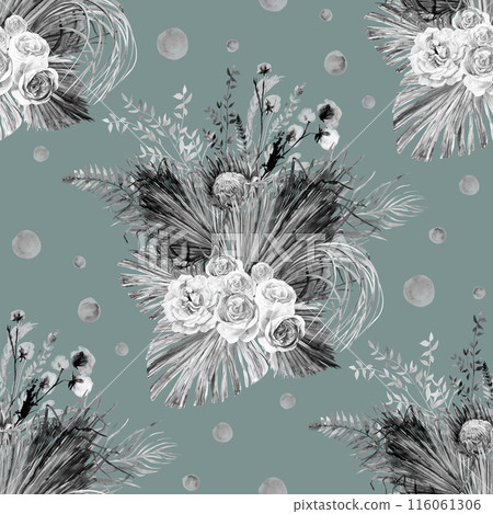 Watercolor vintage black and white seamless pattern with a herbarium of white rose flowers and tropical palm leaves 116061306