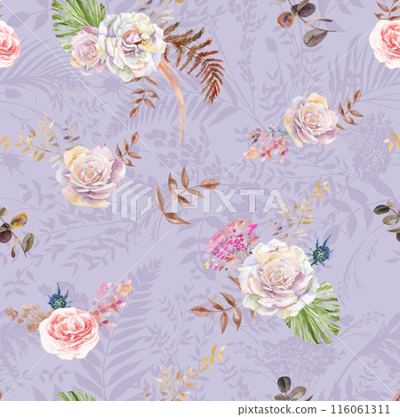 Seamless watercolor pattern with a flowers of roses and tropical herbarium 116061311