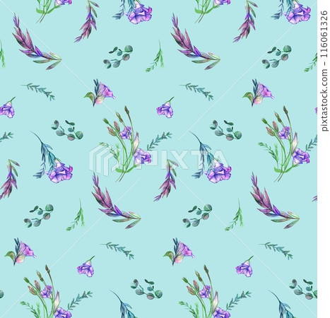 Seamless delicate pattern with watercolor eustoma flowers on a turquoise background Seamless delicate pattern with watercolor eustoma flowers on a turquoise background 116061326