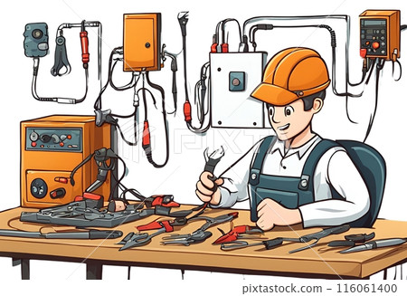 Repairman electronic repair tools.Cartoon Abstract art.AI Generated Repairman electronic repair tools.Cartoon Abstract art.AI Generated 116061400