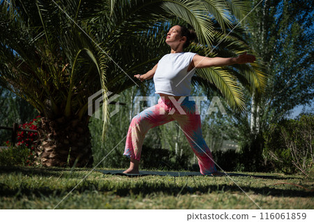 Woman practicing yoga outdoors under palm tree 116061859