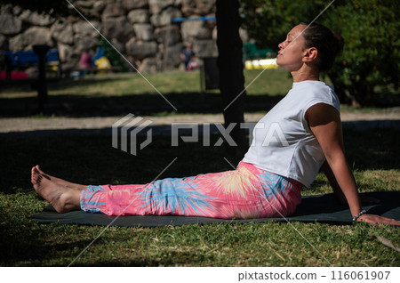 Woman practicing outdoor yoga in park during daytime Woman practicing outdoor yoga in park during daytime 116061907