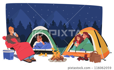 Family Enjoys A Cozy Night Camping Under A Starry Sky With Two Tents And A Campfire. People Relaxing And Drinking 116062059