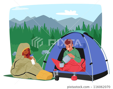 Two Cartoon Characters Enjoying A Camping Trip In The Mountains. One Is Sitting In A Sleeping Bag at Serene Nature 116062070