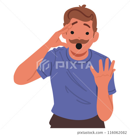 Cartoon Male Character Looking Shocked And Surprised. Man Is Wearing A Blue Shirt And Has A Mustache, Expressing Emotion 116062082