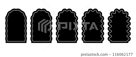 Set of arch shapes with wavy borders. Curvy archway forms with curvy edges. Windows or mirrors, portals or gates, empty text boxes isolated on white background. Vector graphic illustration 116062177