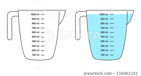 Empty and full measuring cups with a 1 liter volume. Water or other liquid containers for cooking with a fluid capacity scale isolated on white background. Vector flat illustration Empty and full measuring cups with a 1 liter volume. Water or other liquid containers for cooking with a fluid capacity scale isolated on white background. Vector flat illustration 116062181